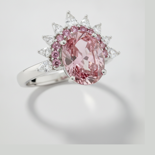 Verlobungsring mit rosa Edelstein, echter ovaler farbiger Diamant, Halb-Halo, Platin