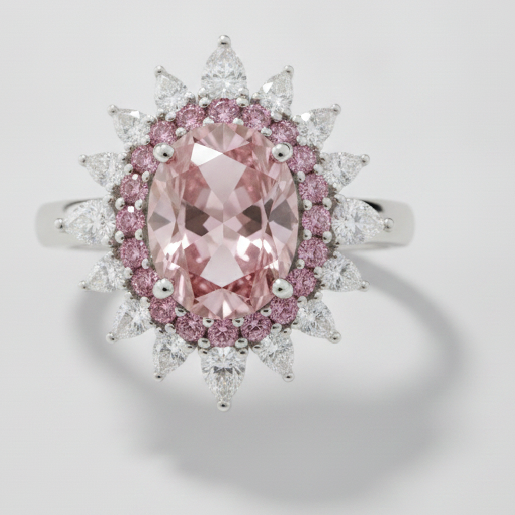 Verlobungsring mit rosa Edelstein, echter ovaler farbiger Diamant, Halb-Halo, Platin