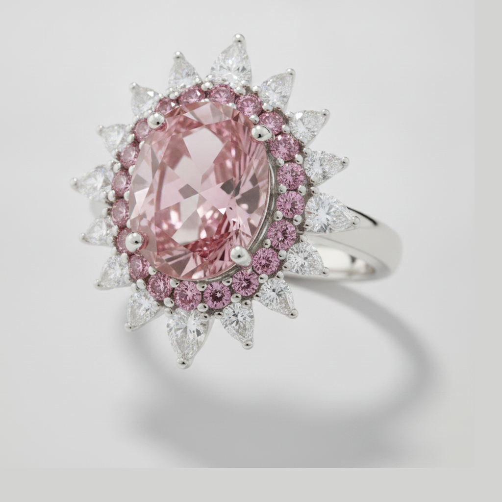 Verlobungsring mit rosa Edelstein, echter ovaler farbiger Diamant, Halb-Halo, Platin