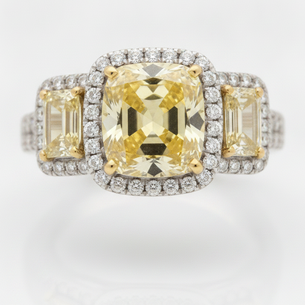 Verlobungsring mit gelbem Edelstein, 2,07 Karat, echter farbiger Diamant im Kissenschliff, Trapez, Halo, Dreistein, Platin