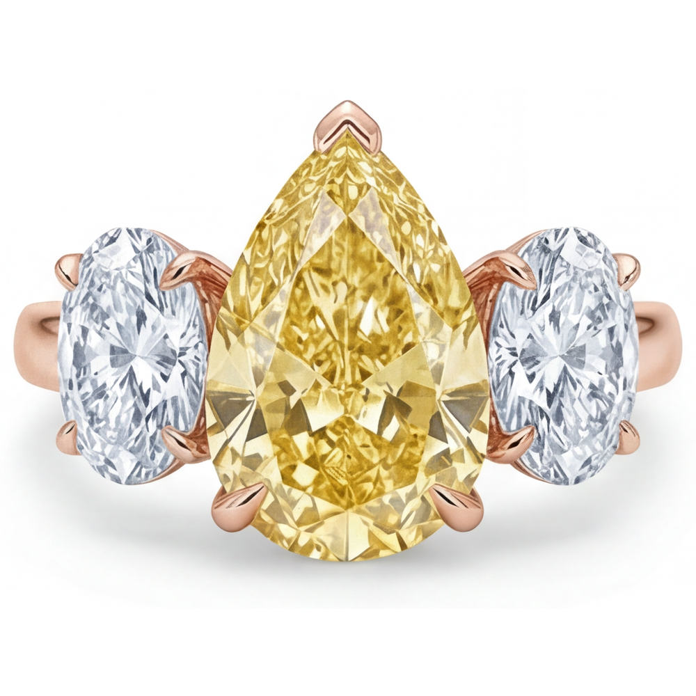 Gelber Kanarienvogel-Diamant Tropfen-Schliff Dreisteinring in 14K Roségold – Frontansicht