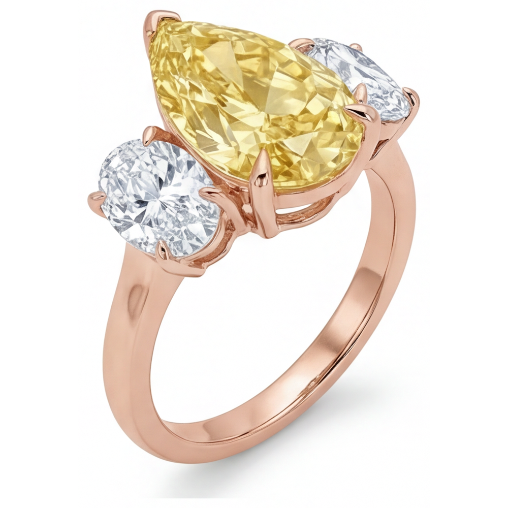 Gelber Kanarienvogel-Diamant Tropfen-Schliff Dreisteinring in 14K Roségold – Profilansicht
