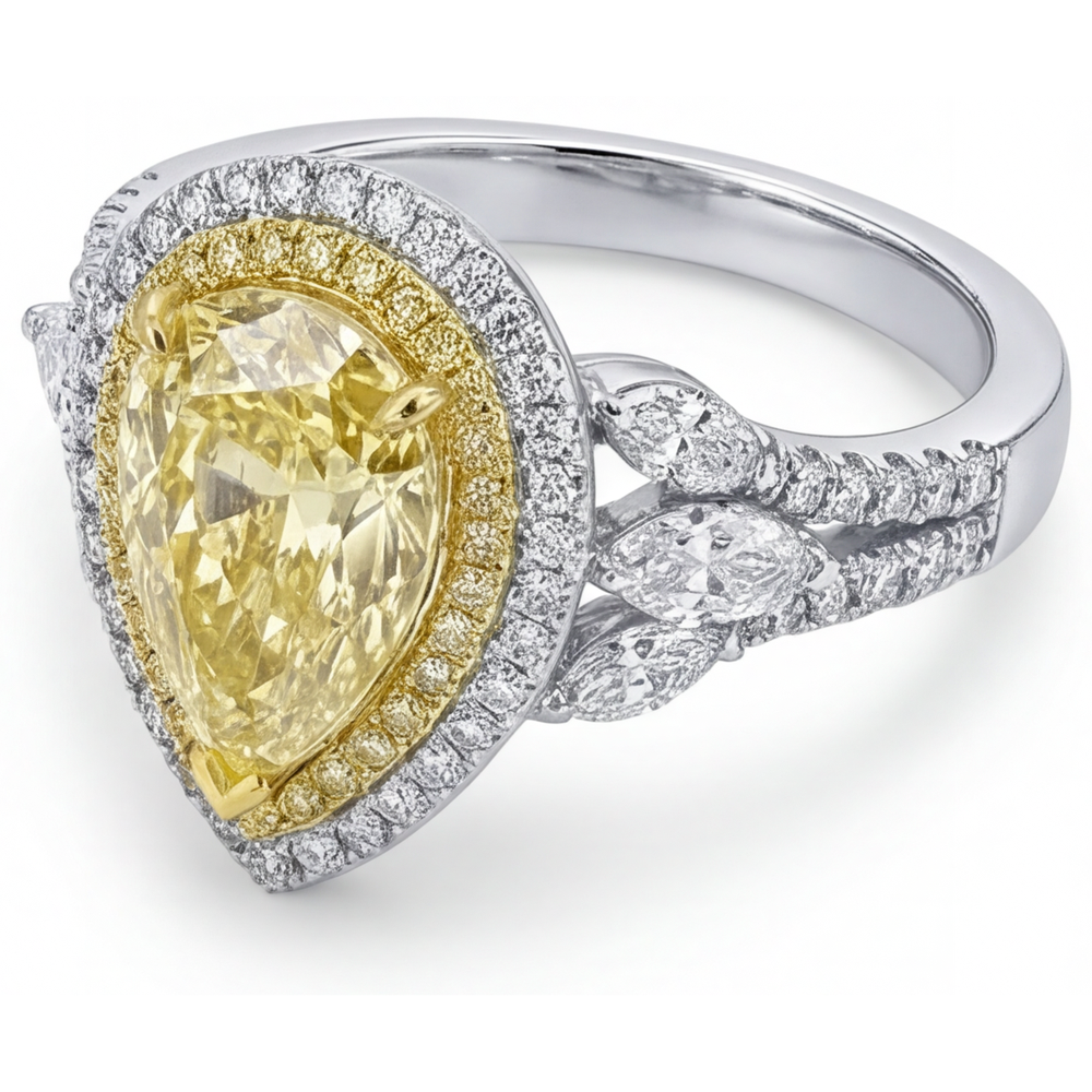 Halo-Fassung Ring 14 Karat Zweifarbig Gold mit Gelber Kanarienvogel-Diamant – Profilansicht