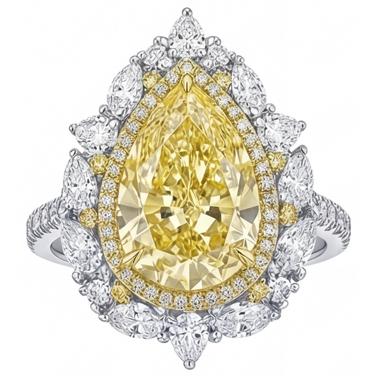 Tropfen-Schliff Gelber Kanarienvogel-Diamant Ring in Bicolor 14K Gold – Frontansicht