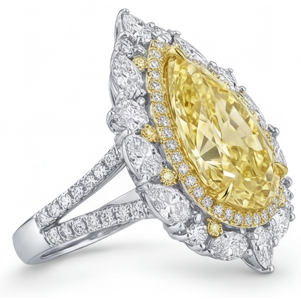 Gelber Kanarienvogel-Diamant Tropfen-Schliff Halo-Fassung Ring in Bicolor 14K Gold – Profilansicht