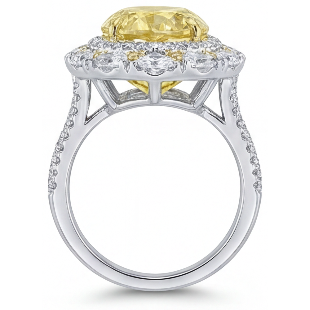 Gelber Kanarienvogel-Diamant Tropfen-Schliff Halo-Fassung Ring in Zweifarbiges 14K Gold – Frontansicht