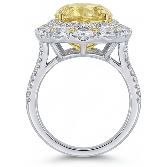 Gelber Kanarienvogel-Diamant Tropfen-Schliff Halo-Fassung Ring in Zweifarbiges 14K Gold – Frontansicht