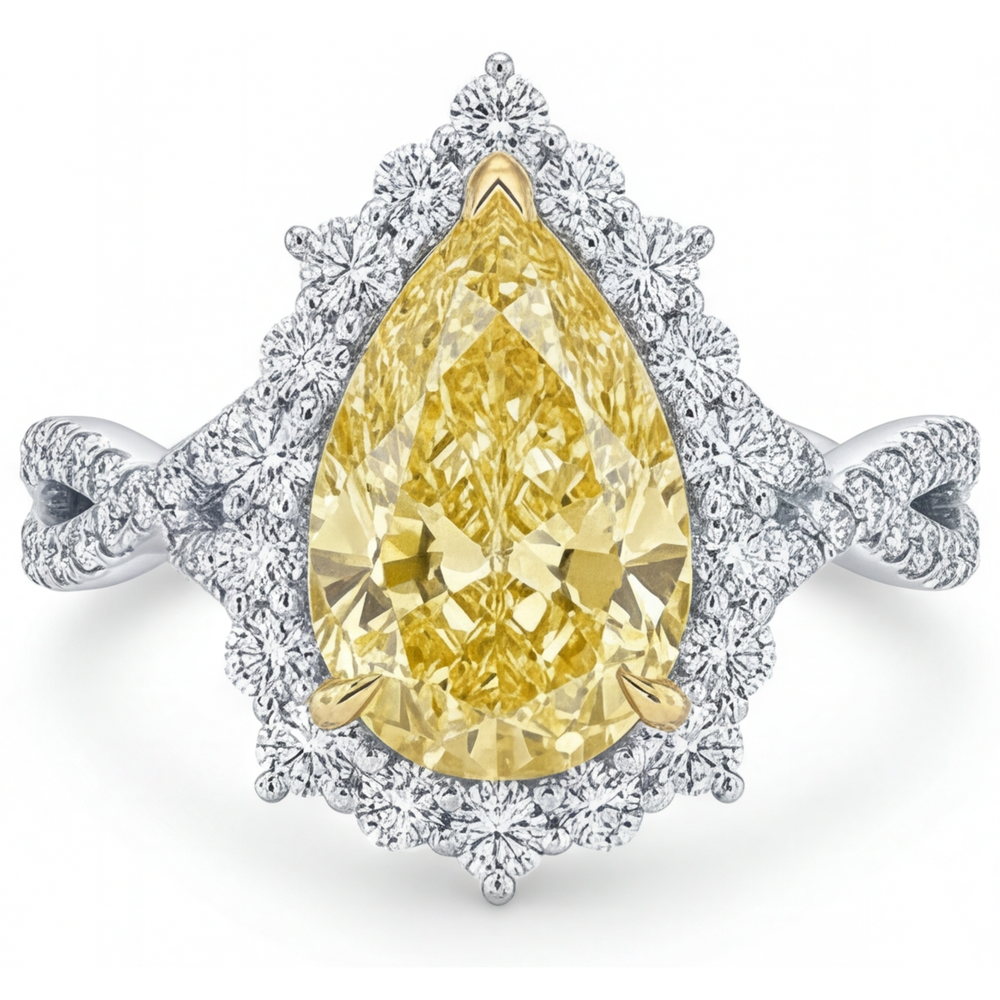 Gelber Kanarienvogel-Diamant Birnen-Schliff Halo-Fassung Ring in 14 Karat Zweifarbig Gold – Hauptansicht