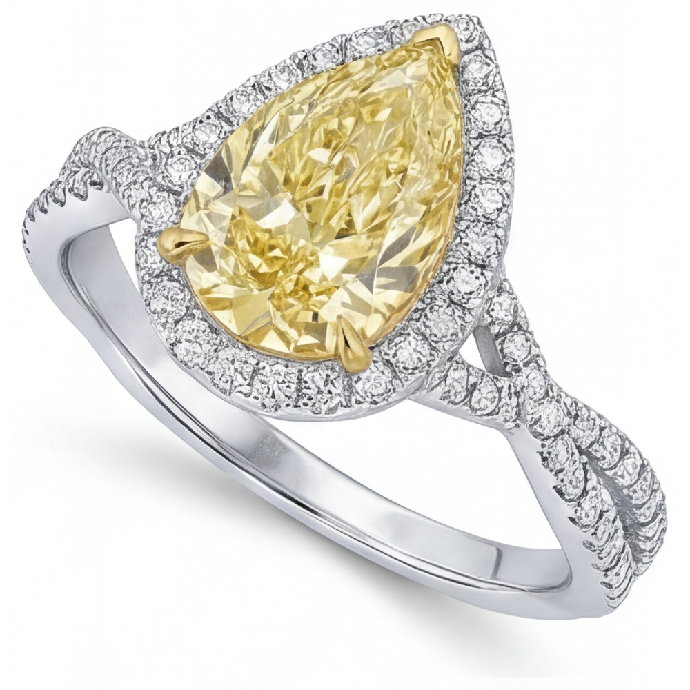 Halo-Ring 14 Karat Zweifarbig Gold mit Gelber Kanarienvogel-Diamant – Schrägansicht