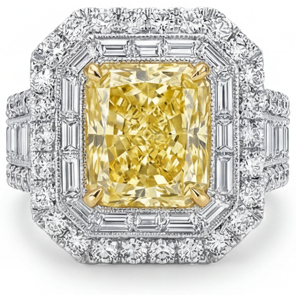 Gelber Kanarienvogel-Diamant Halo-Ring 2-Karat 14 Karat Zweifarbig Gold – Hauptansicht