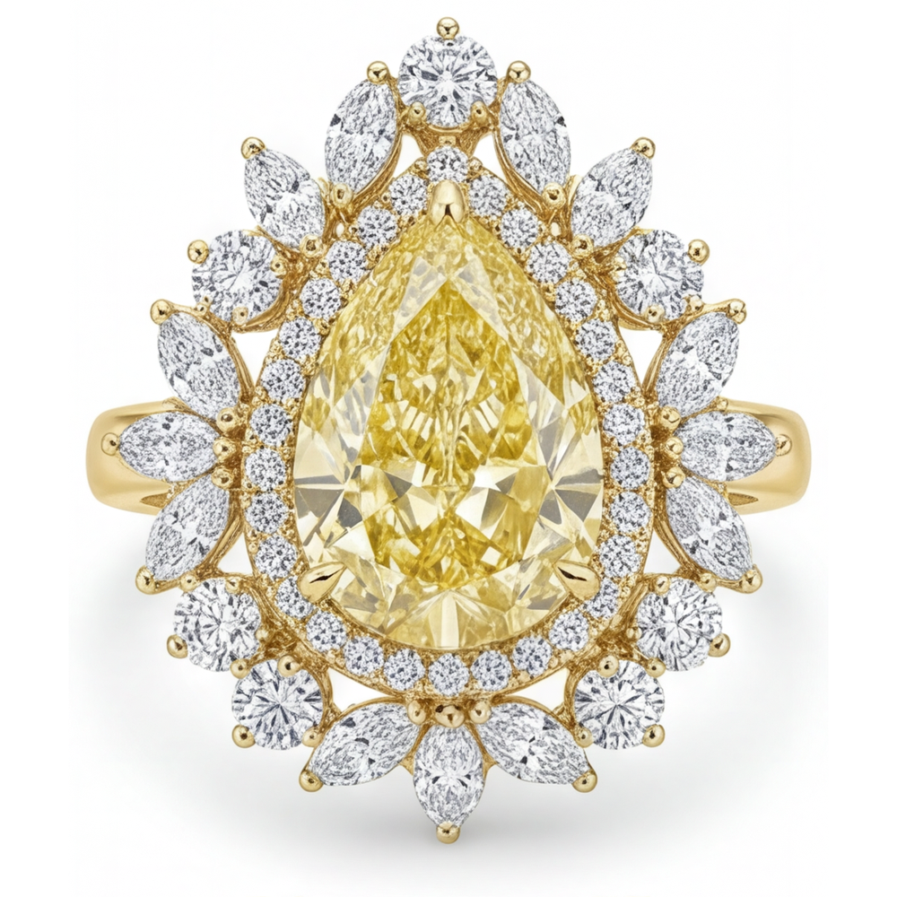 Gelber Kanarienvogel-Diamant Tropfen-Schliff Halo-Ring in 14 Karat Gelbgold – Hauptansicht