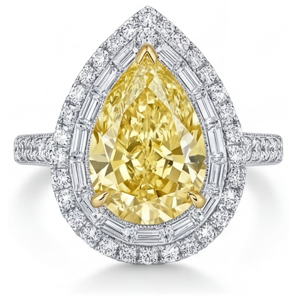 Gelber Kanarienvogel-Diamant Halo-Ring 3-Karat 14 Karat Zweifarbig Gold – Hauptansicht