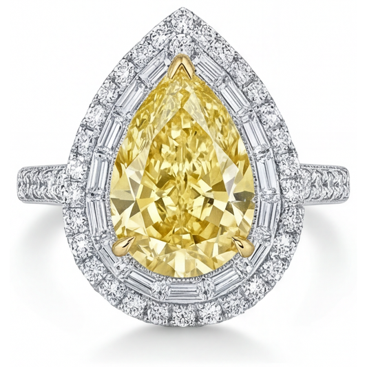 Gelber Kanarienvogel-Diamant Halo-Ring 3-Karat 14 Karat Zweifarbig Gold – Hauptansicht