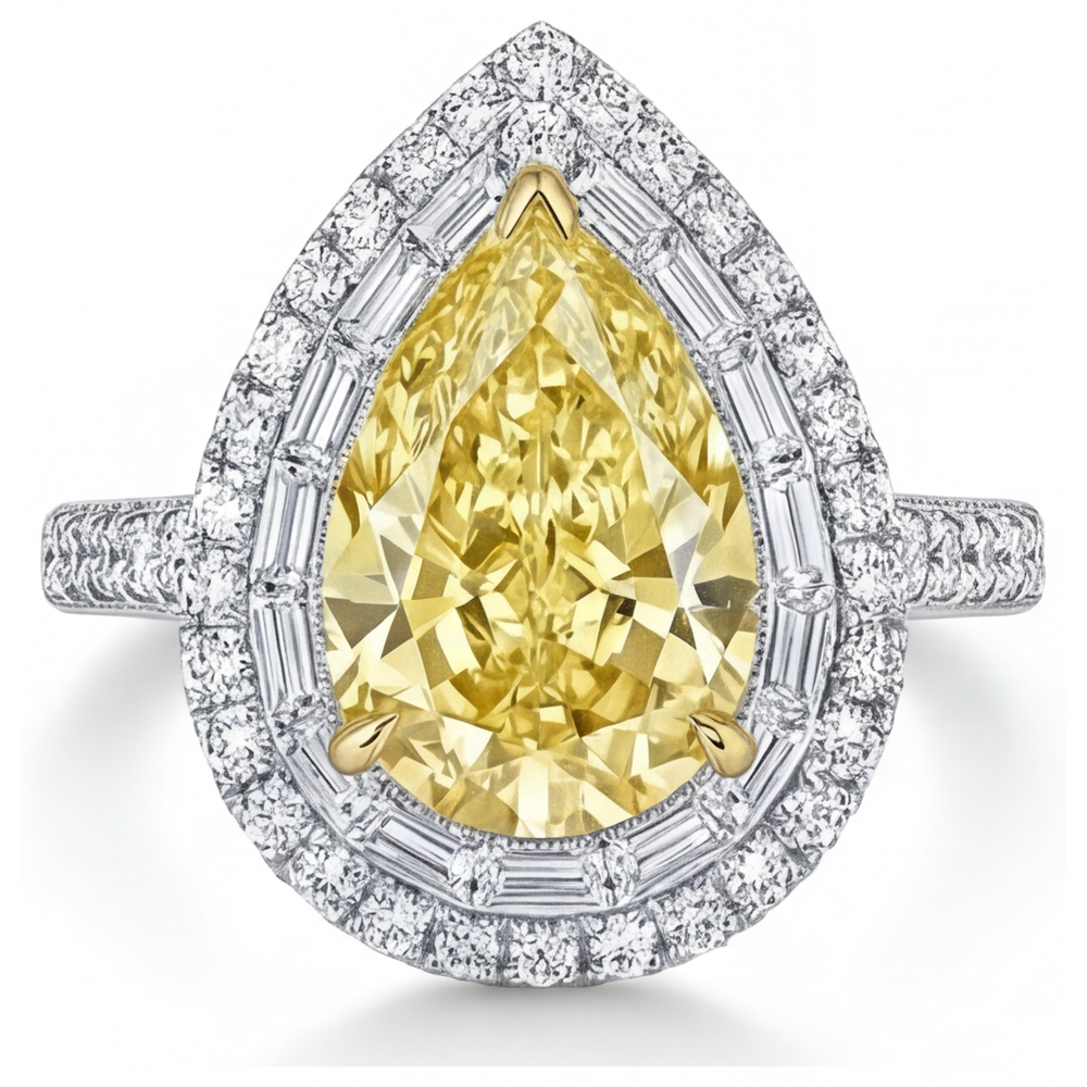 Halo-Ring 14 Karat Zweifarbig Gold mit Gelber Kanarienvogel-Diamant – Frontansicht