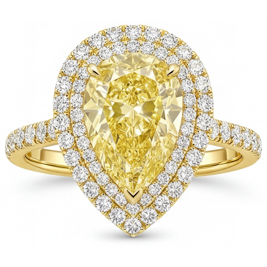 Gelber Kanarienvogel-Diamant Birnen-Schliff Halo-Verlobungsring in 14K Gelbgold – Hauptansicht