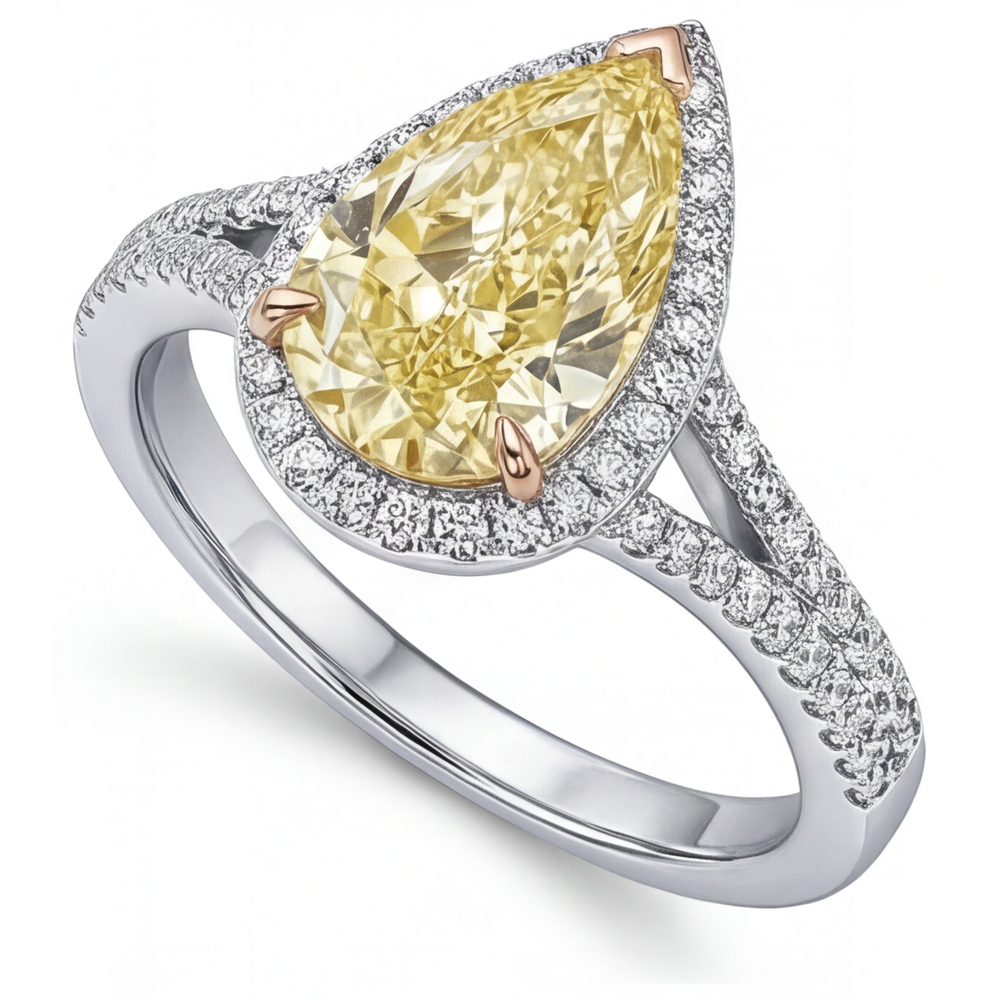 Naturreiner Gelber Kanarienvogel-Diamant Halo-Verlobungsring – Schrägansicht