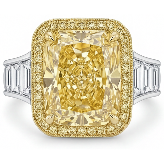 Radiant-Schliff Gelber Kanarienvogel-Diamant Ring in 14 Karat Zweifarbig Gold – Hauptansicht