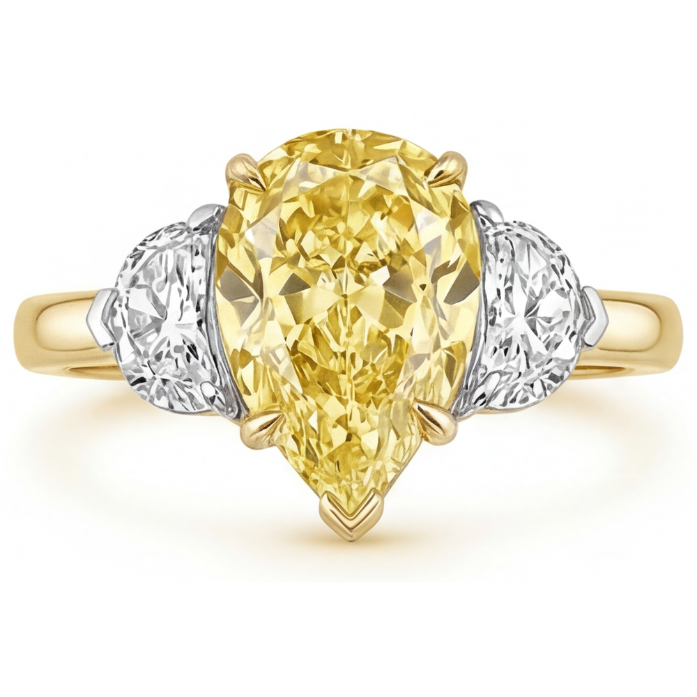 Tropfen-Schliff Gelber Kanarienvogel-Diamant Ring in Zweifarbiges 14K Gold – Schrägansicht