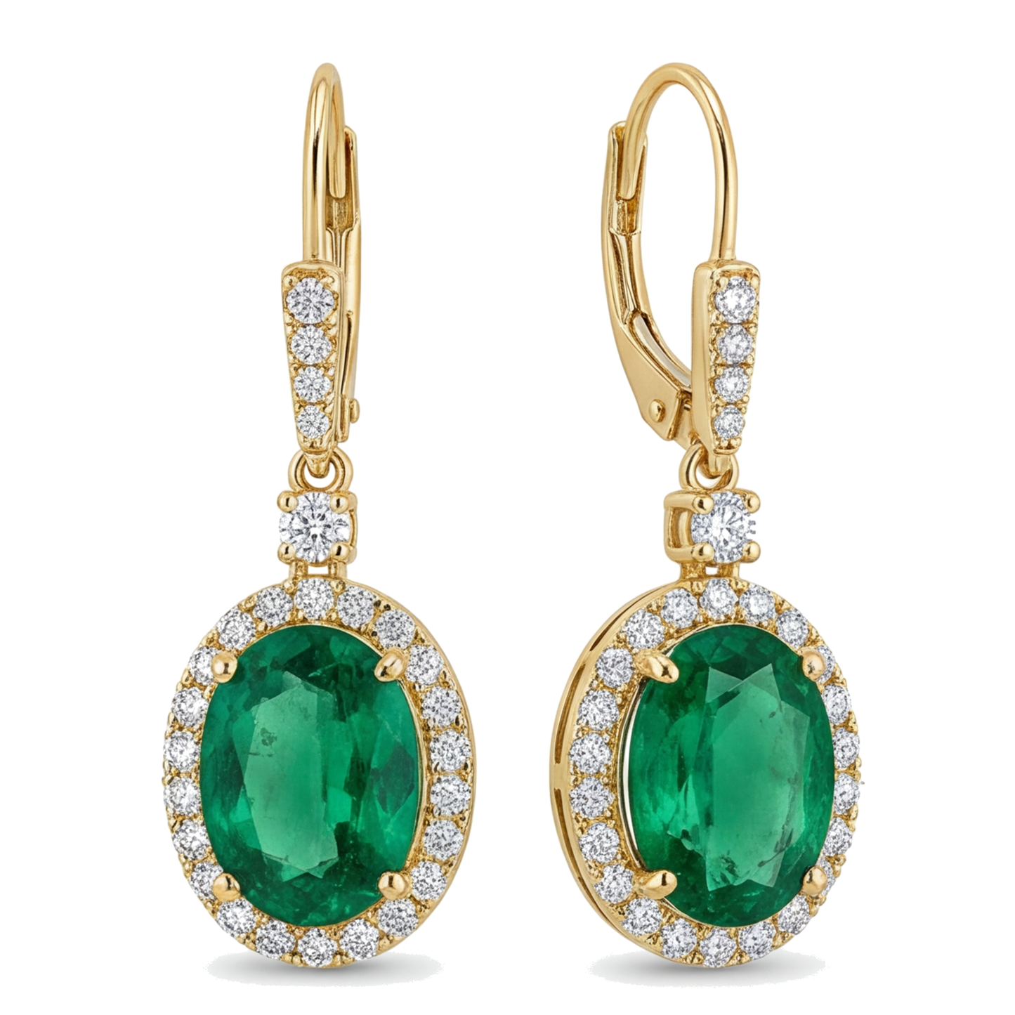 Grüne Smaragd-Ohrringe 3,5 Karat im Labor gezüchtet Oval Halo Klappbrisur 14 Karat Gelbgold