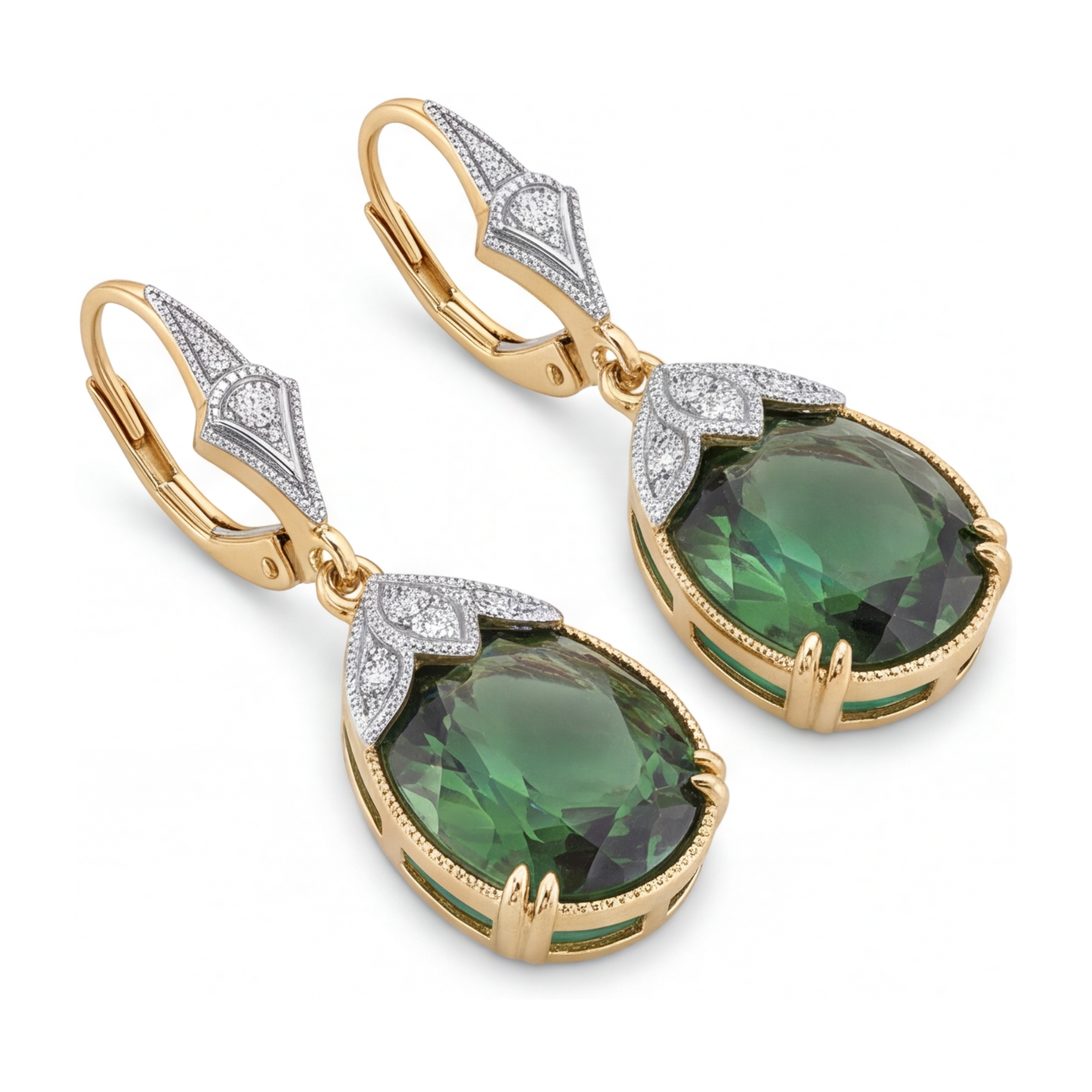Ohrringe mit grünem Turmalin, 5 Karat, im Labor gezüchtet, oval, Milgrain, Klappbrisur, 14 Karat Gelbgold