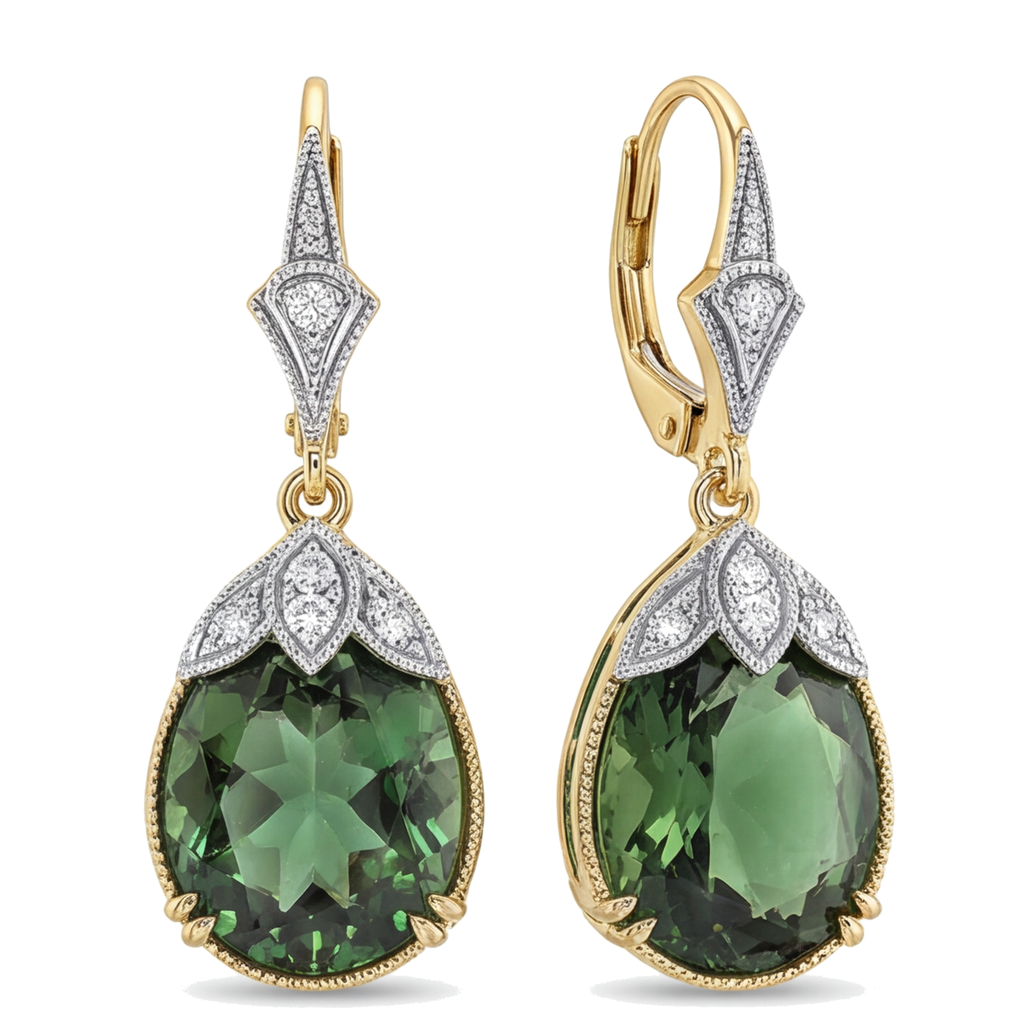 Ohrringe mit grünem Turmalin, 5 Karat, im Labor gezüchtet, oval, Milgrain, Klappbrisur, 14 Karat Gelbgold