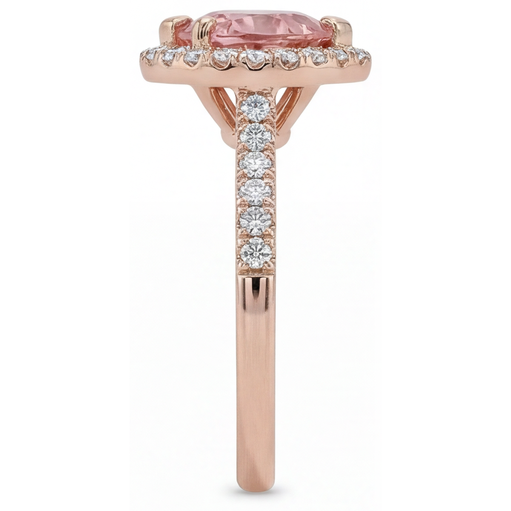 Padparadscha-Saphir-Ring 3,8 Karat im Labor gezüchtet Herz-Halo geteilte Ringschiene 14 Karat Roségold