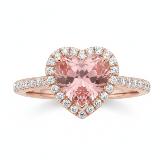 Padparadscha-Saphir-Ring 3,8 Karat im Labor gezüchtet Herz-Halo geteilte Ringschiene 14 Karat Roségold