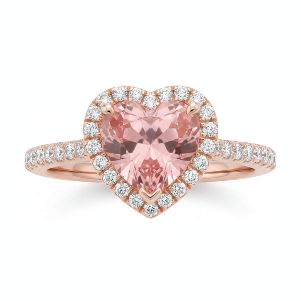 Padparadscha-Saphir-Ring 3,8 Karat im Labor gezüchtet Herz Halo geteilte Ringschiene 14 Karat Roségold