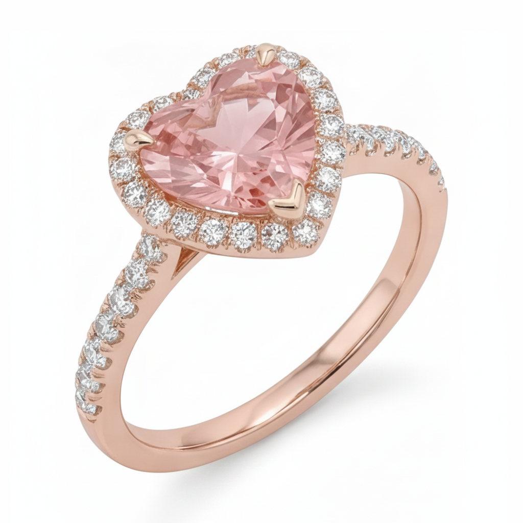 Padparadscha-Saphir-Ring 3,8 Karat im Labor gezüchtet Herz Halo geteilte Ringschiene 14 Karat Roségold