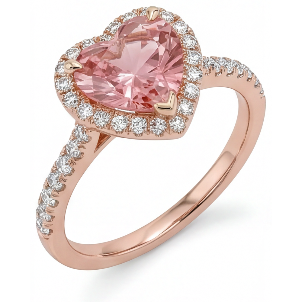 Padparadscha-Saphir-Ring 3,8 Karat im Labor gezüchtet Herz-Halo geteilte Ringschiene 14 Karat Roségold