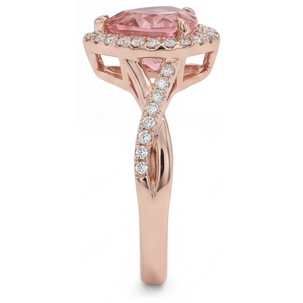 Padparadscha-Saphir-Ring 3,8 Karat im Labor gezüchtet Herz Halo geschwungen 14 Karat Roségold
