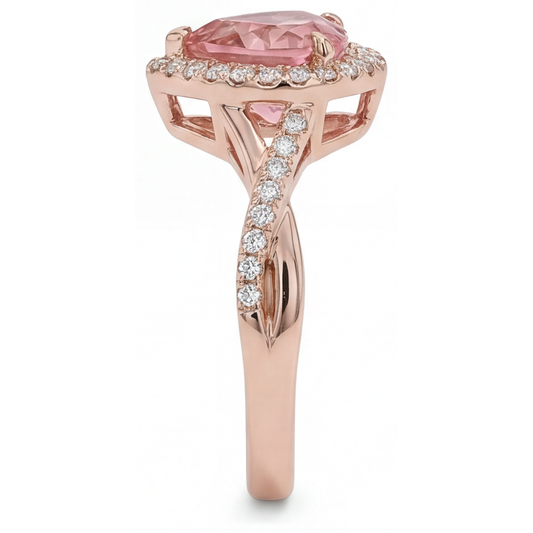 Padparadscha-Saphir-Ring 3,8 Karat im Labor gezüchtet Herz Halo gedreht 14 Karat Roségold