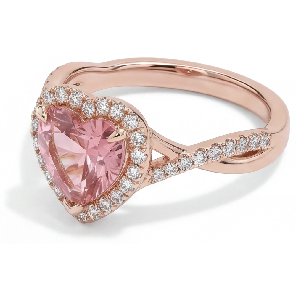 Padparadscha-Saphir-Ring 3,8 Karat im Labor gezüchtet Herz Halo geschwungen 14 Karat Roségold