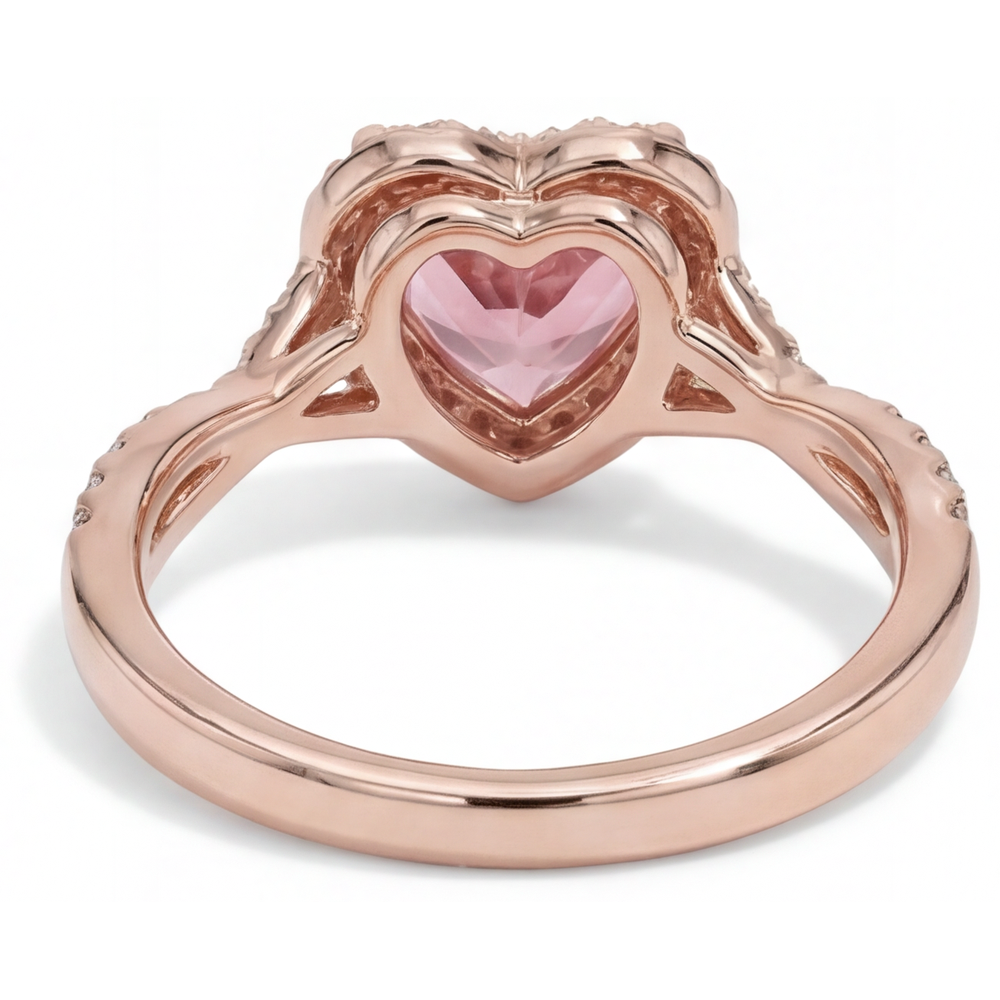 Padparadscha-Saphir-Ring 3,8 Karat im Labor gezüchtet Herz Halo gedreht 14 Karat Roségold
