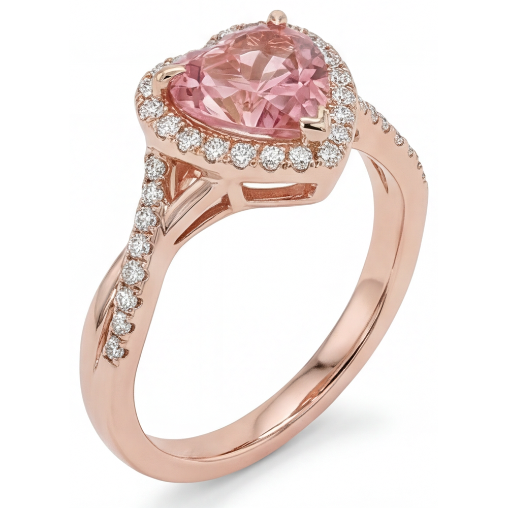 Padparadscha-Saphir-Ring 3,8 Karat im Labor gezüchtet Herz Halo gedreht 14 Karat Roségold