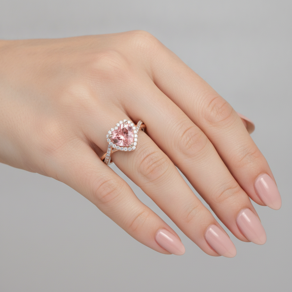 Padparadscha-Saphir-Ring 3,8 Karat im Labor gezüchtet Herz Halo gedreht 14 Karat Roségold