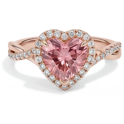Padparadscha-Saphir-Ring 3,8 Karat im Labor gezüchtet Herz Halo geschwungen 14 Karat Roségold