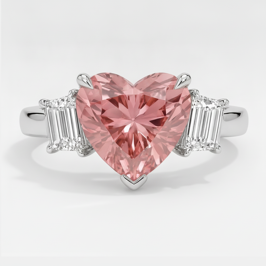 Padparadscha-Saphir-Ring 3,6 Karat Natürliche Herzform und weiße Baguettes Dreistein Platin