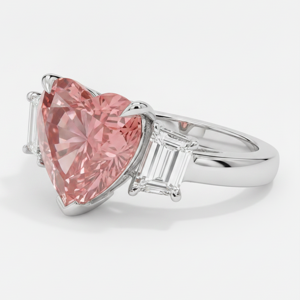 Padparadscha-Saphir-Ring 3,6 Karat Natürliche Herzform und weiße Baguettes Dreistein Platin
