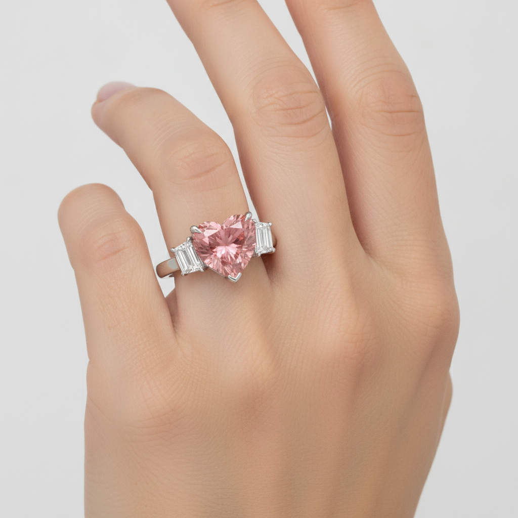Padparadscha-Saphir-Ring 3,6 Karat Natürliche Herzform und weiße Baguettes Dreistein Platin