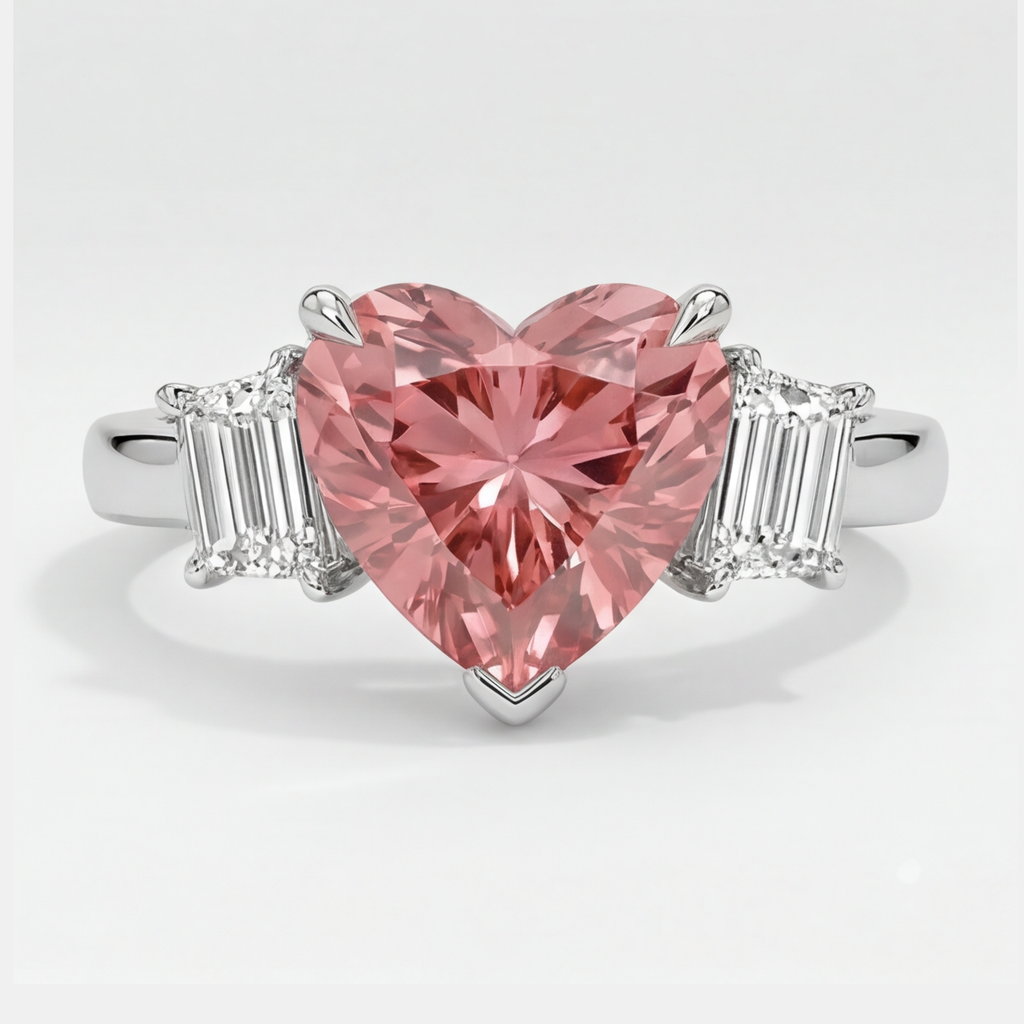Dreistein-Ring aus Platin mit natürlichem Padparadscha-Saphir im Herzschliff (3,6 Karat) und weißen Baguette-Diamanten