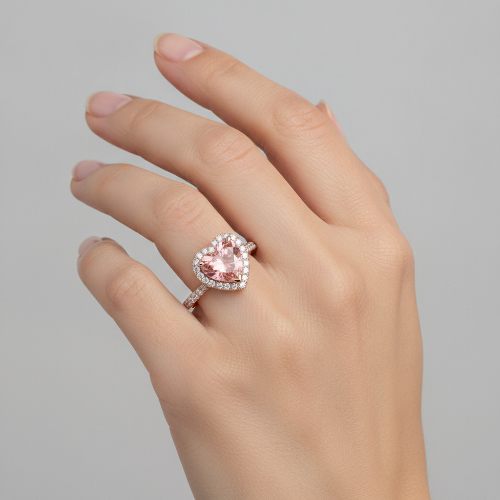 Padparadscha-Saphir-Ring 2,3 Karat Echter Herz-Halo 14 Karat Roségold