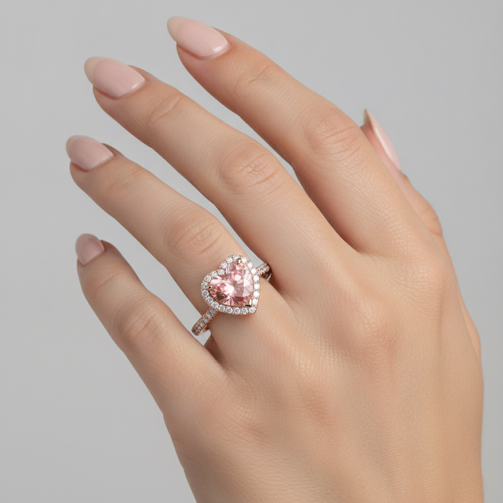 Padparadscha-Saphir-Ring 2,3 Karat Echter Herz-Halo 14 Karat Roségold