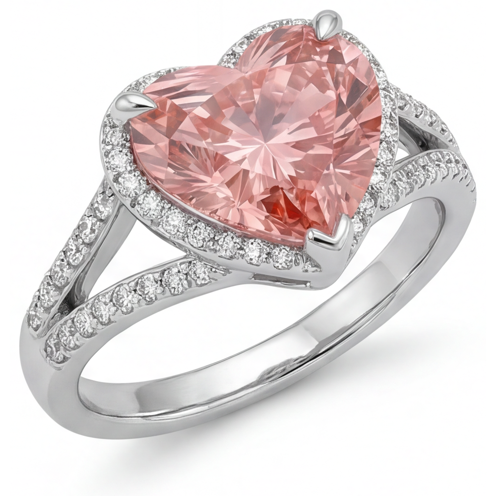Echter pfirsichfarbener Padparadscha-Saphir Halo-Ring in Herzform, 2,8 Karat, 14 Karat Weißgold