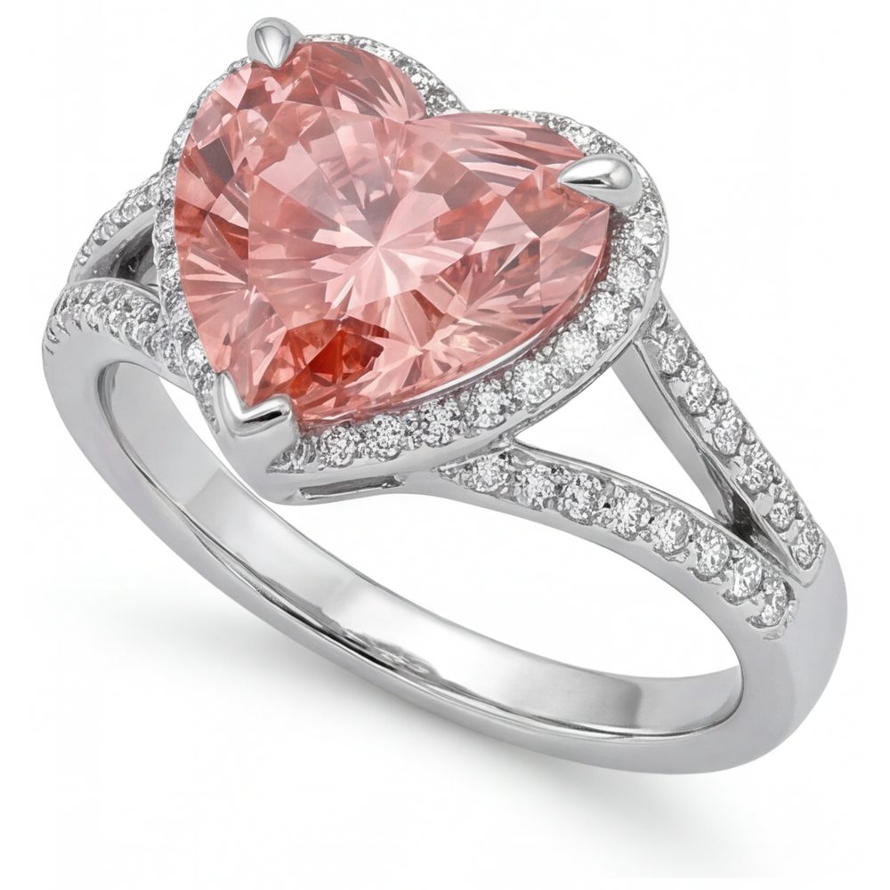 Echter pfirsichfarbener Padparadscha-Saphir 2,8 Karat Herz-Halo-Ring 14 Karat Weißgold