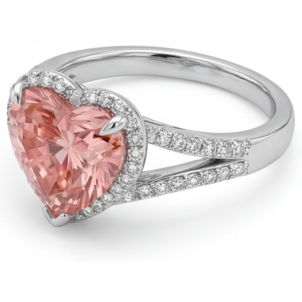 Echter pfirsichfarbener Padparadscha-Saphir 2,8 Karat Herz-Halo-Ring 14 Karat Weißgold
