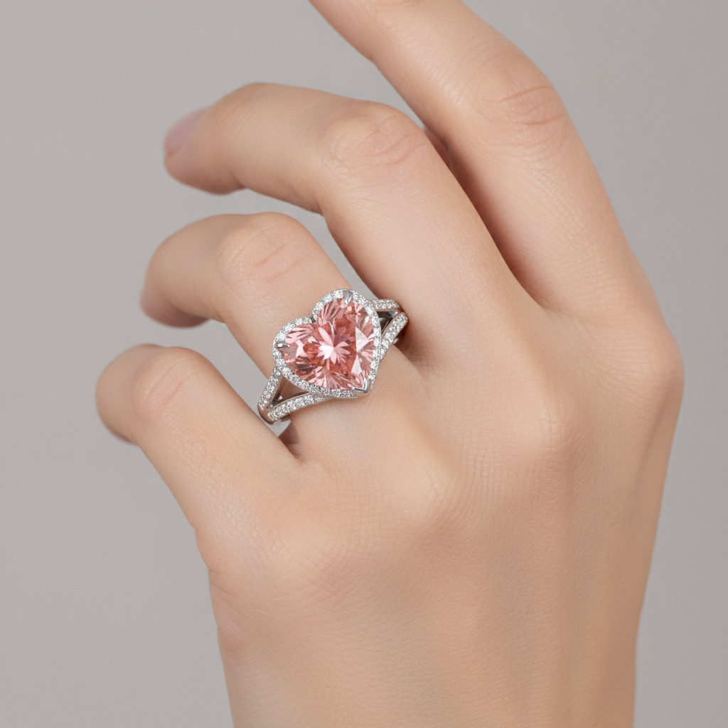 Echter pfirsichfarbener Padparadscha-Saphir Halo-Ring in Herzform, 2,8 Karat, 14 Karat Weißgold