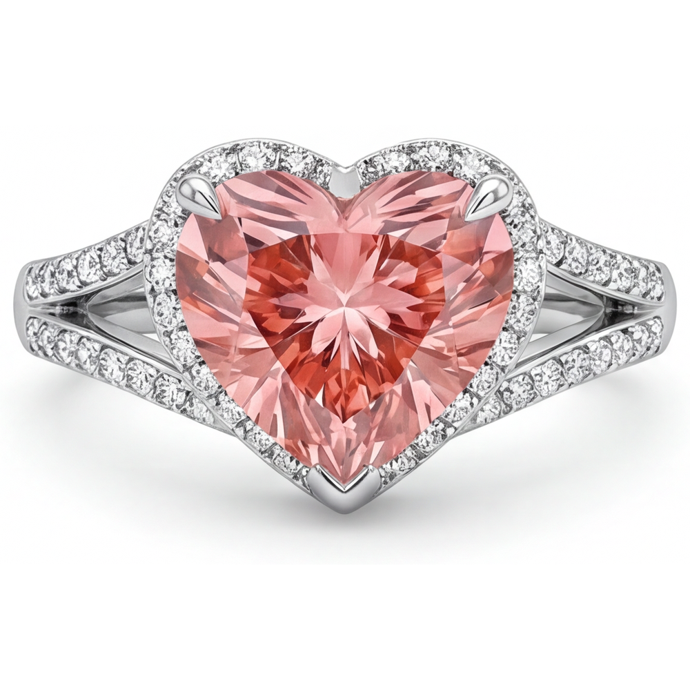 Echter pfirsichfarbener Padparadscha-Saphir 2,8 Karat Herz-Halo-Ring 14 Karat Weißgold