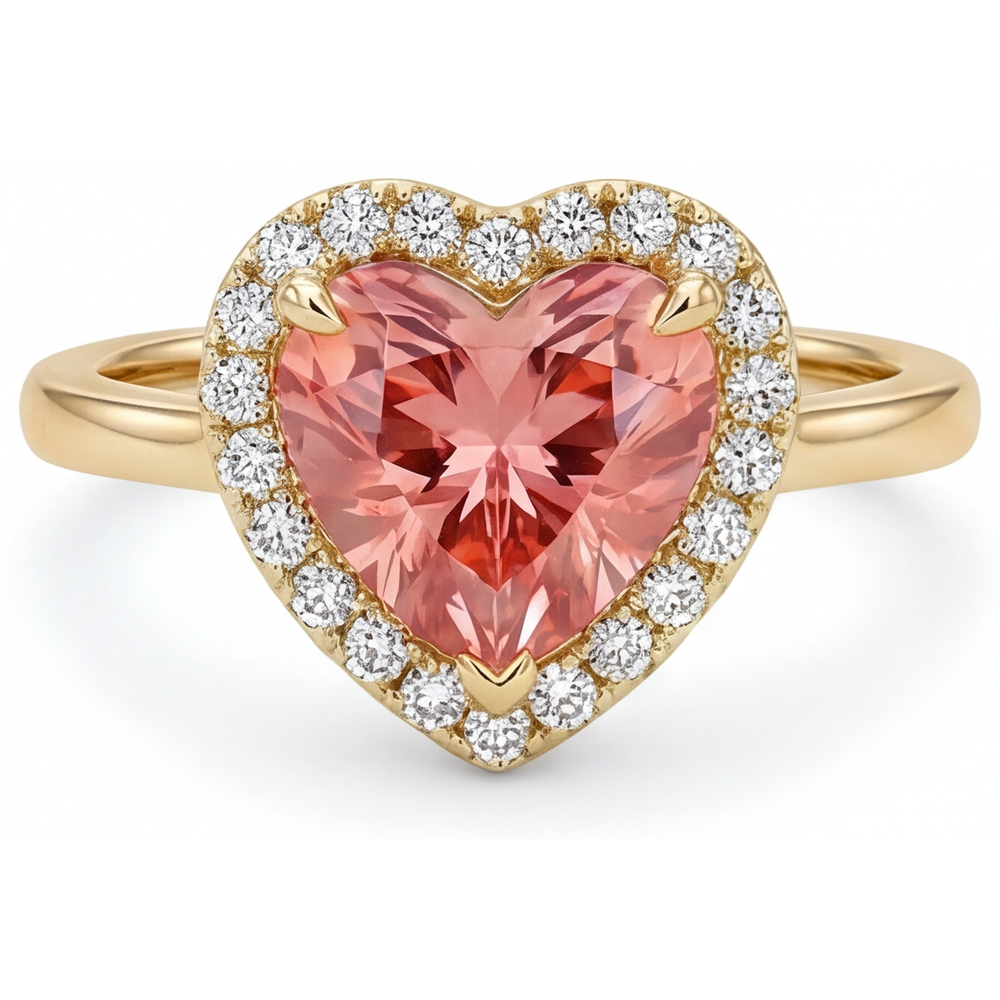 Padparadscha-Saphir Verlobungsring 2,8 Karat Echter Herz-Halo 14 Karat Gelbgold