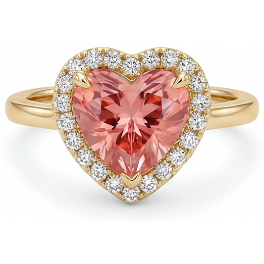 Padparadscha-Saphir Verlobungsring 2,8 Karat Echter Herz-Halo 14 Karat Gelbgold